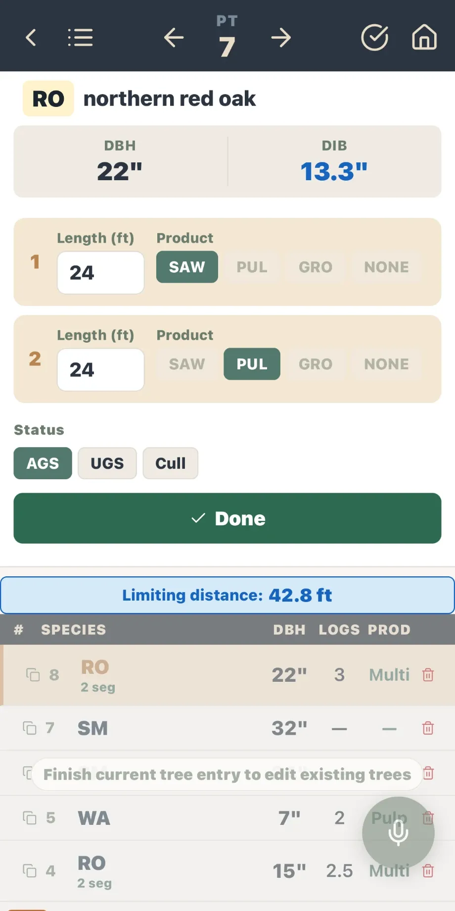 Forest Metrix timber cruising app, tally screen: a 22-inch northern red oak called as a 24-foot sawlog and a 24-foot pulp log, with its limiting distance