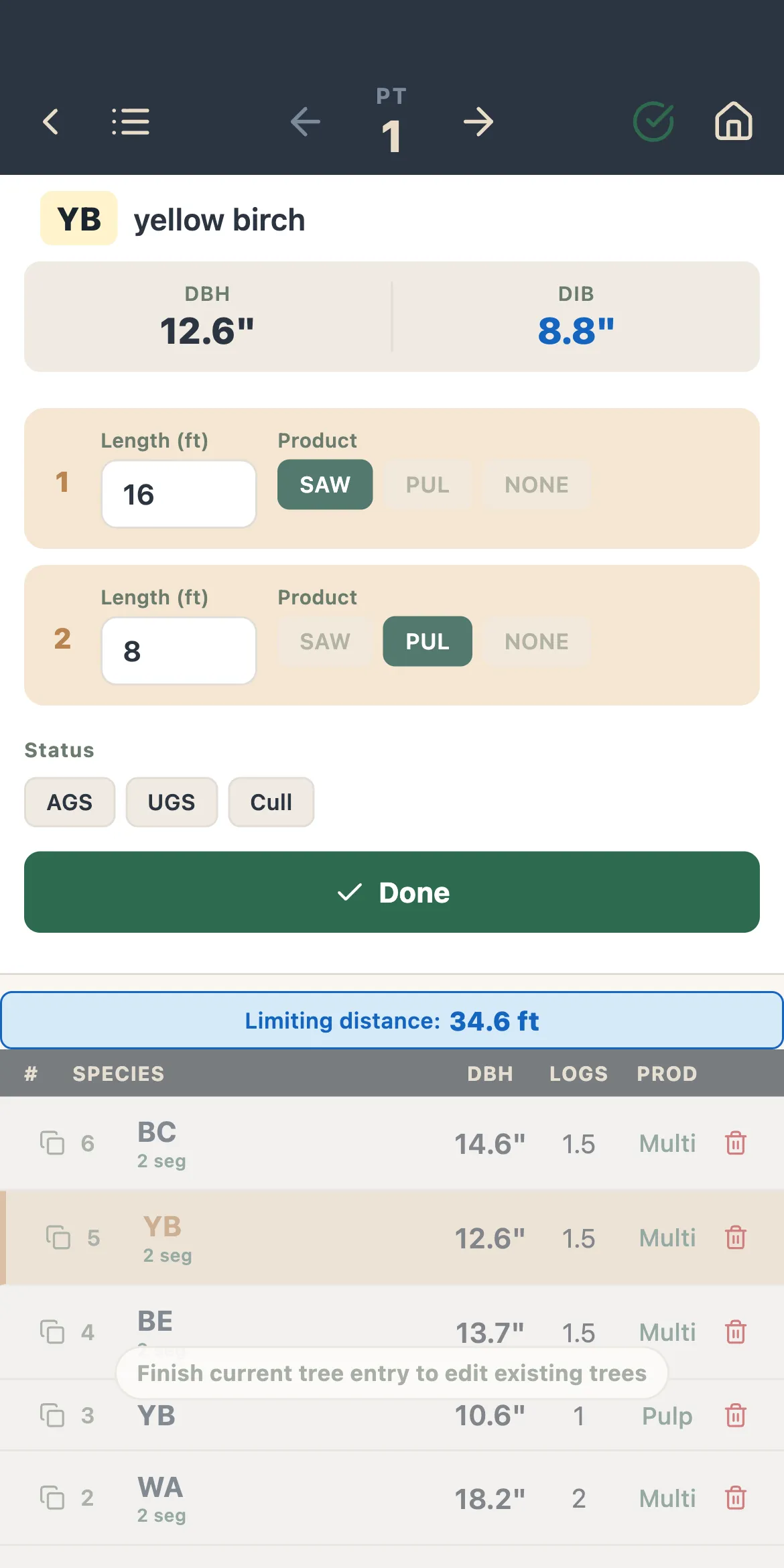 Timber cruising app tree entry: species, diameter, and log-by-log products
