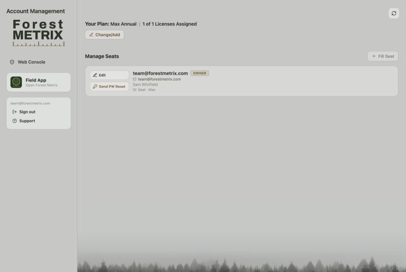 Account page showing the plan, licenses assigned and Manage Seats