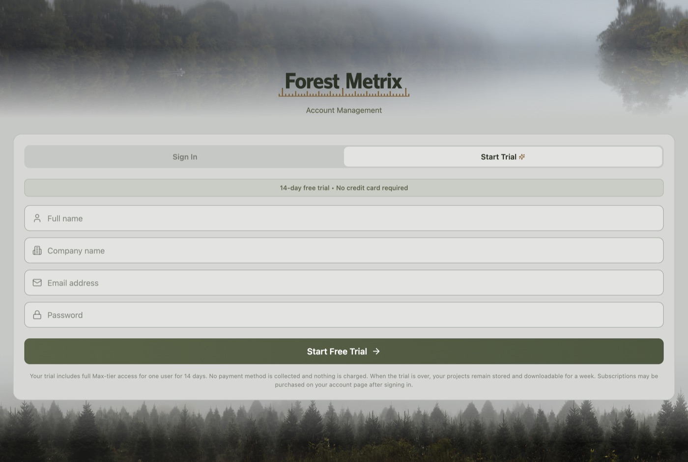 Account website Start Trial form with full name, company name, email and password