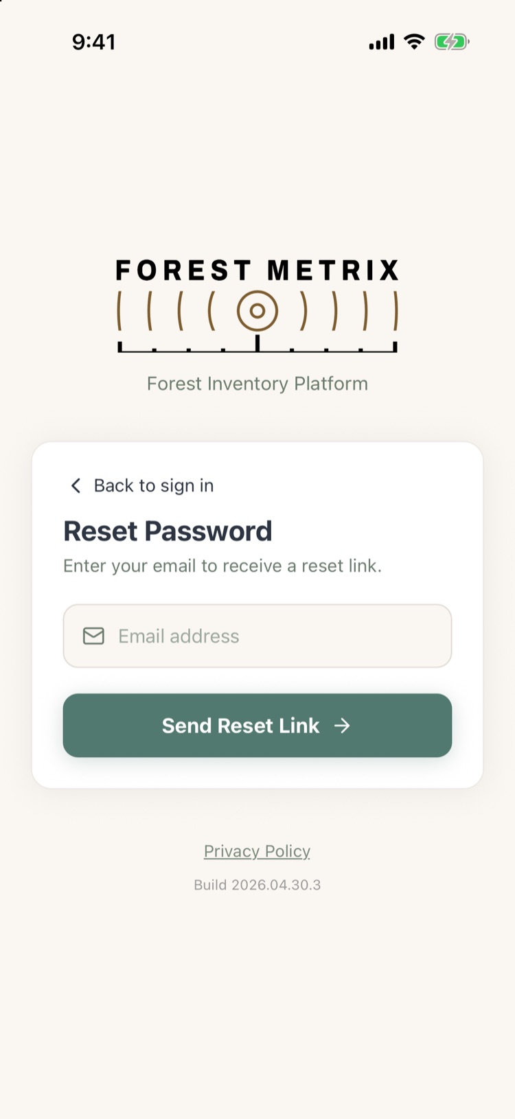 Reset Password screen asking for an email address