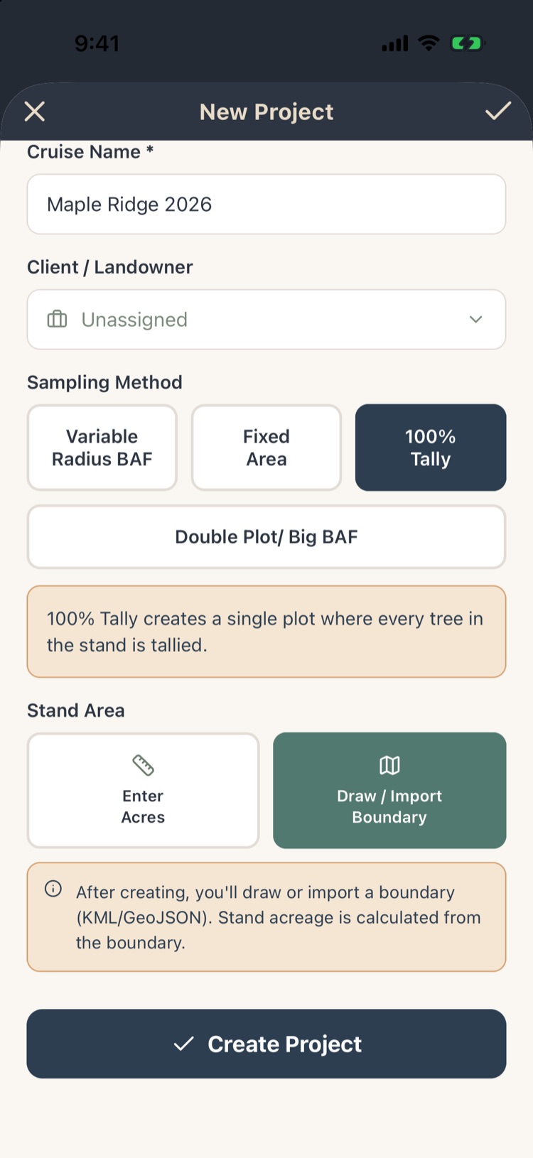 100% Tally with Stand Area choices