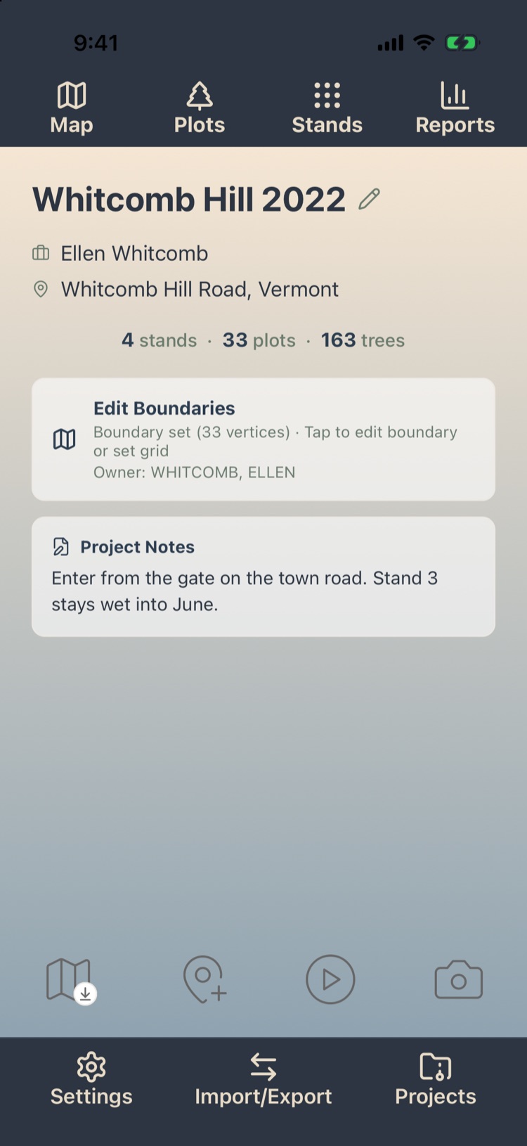 Project Home for Whitcomb Hill 2022 with top bar, boundary card, notes and quick buttons