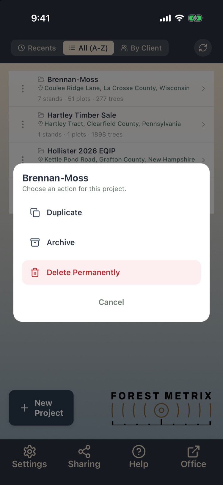 Project actions sheet with Duplicate, Archive and Delete Permanently