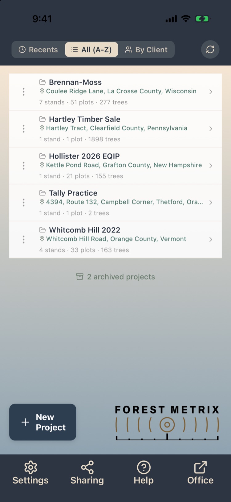 Projects screen listing five demo projects sorted A to Z, with 2 archived projects below