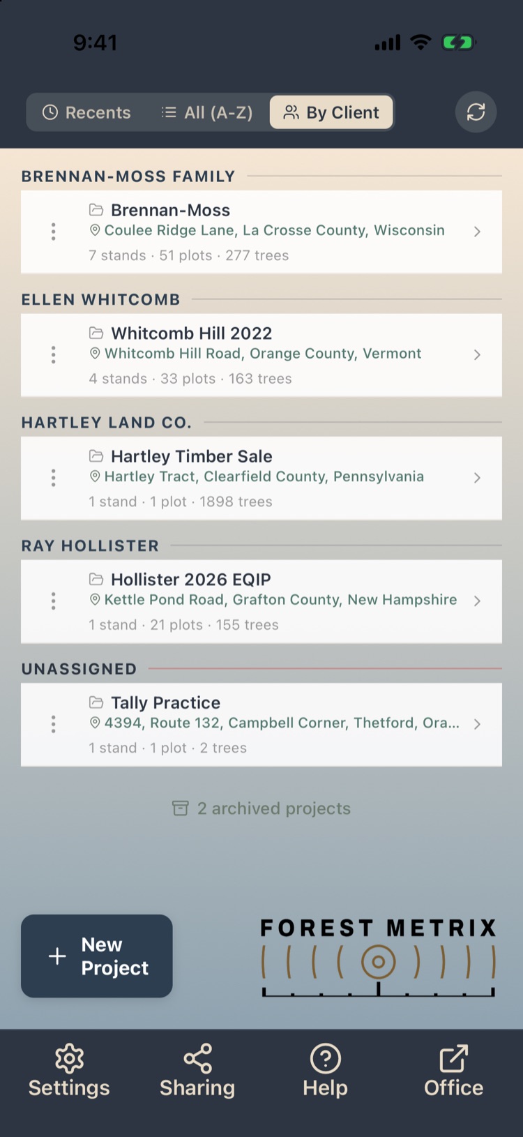 Projects grouped under client names