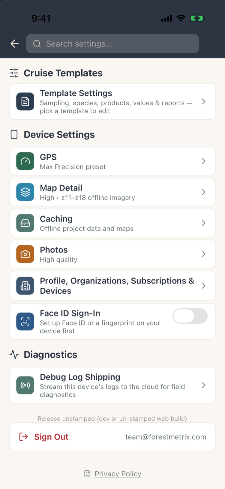 Settings hub with Template Settings and Device Settings