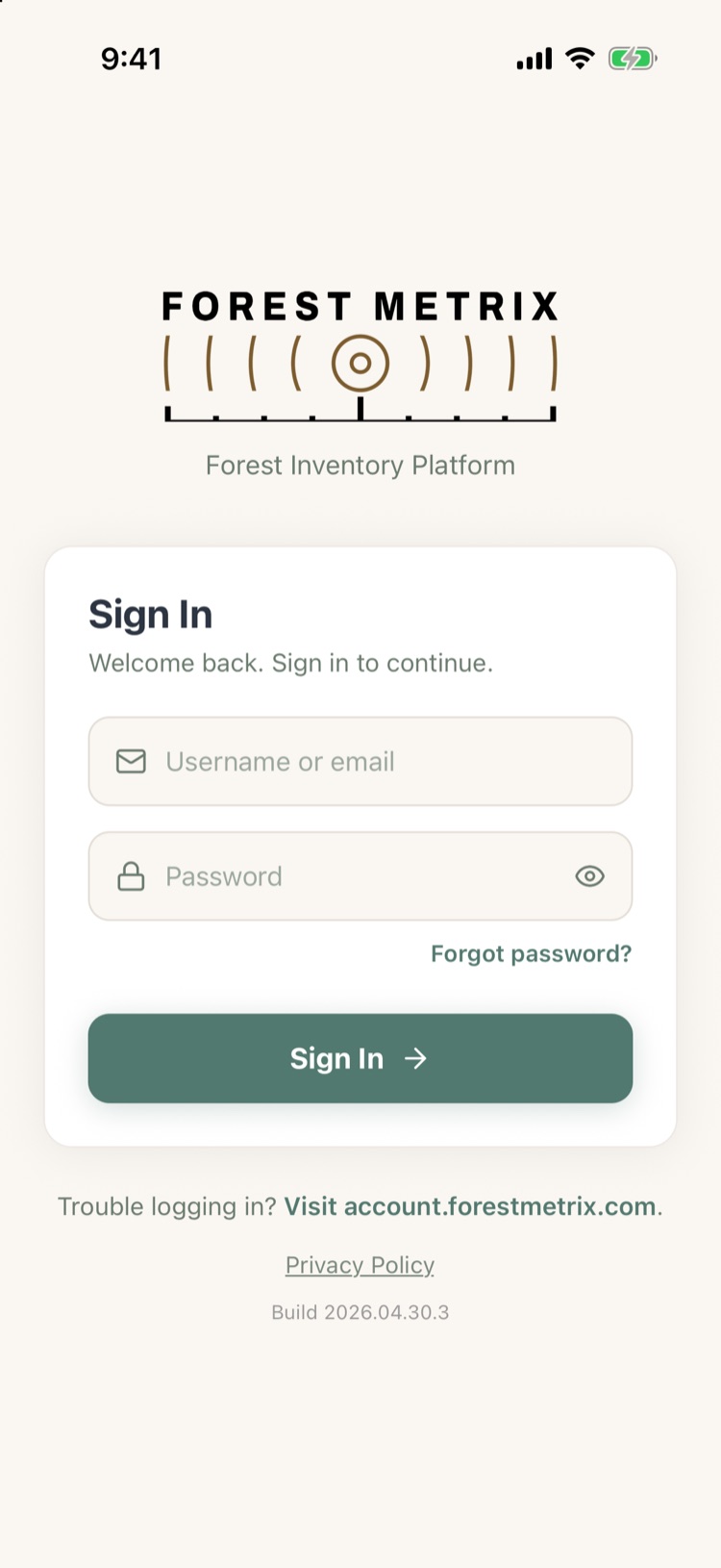 Sign In screen with username, password and Forgot password link