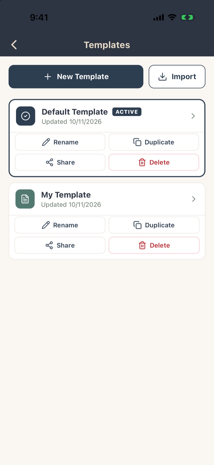 Templates list with Default Template marked active and My Template