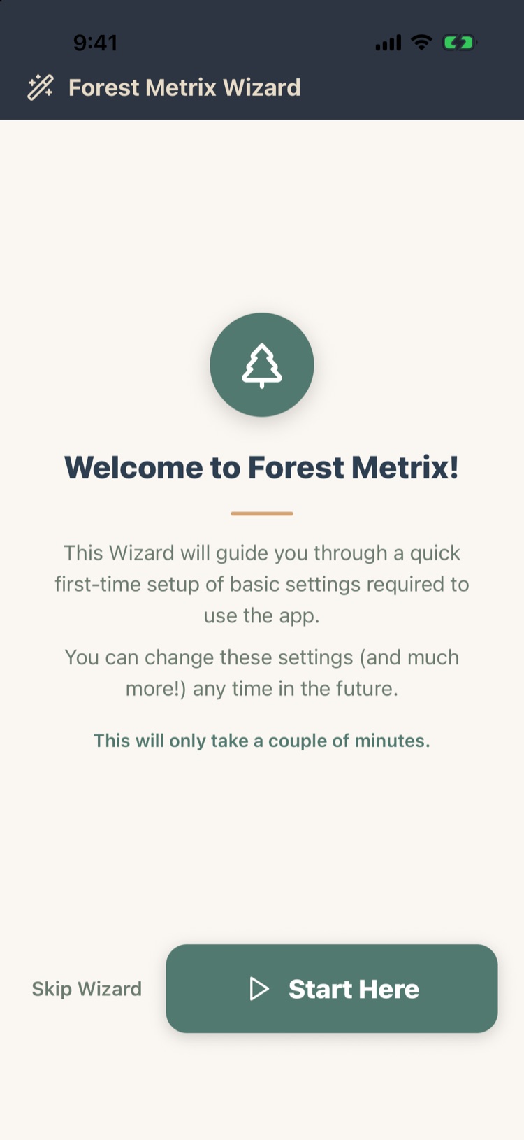 Wizard welcome screen with Skip Wizard and Start Here buttons