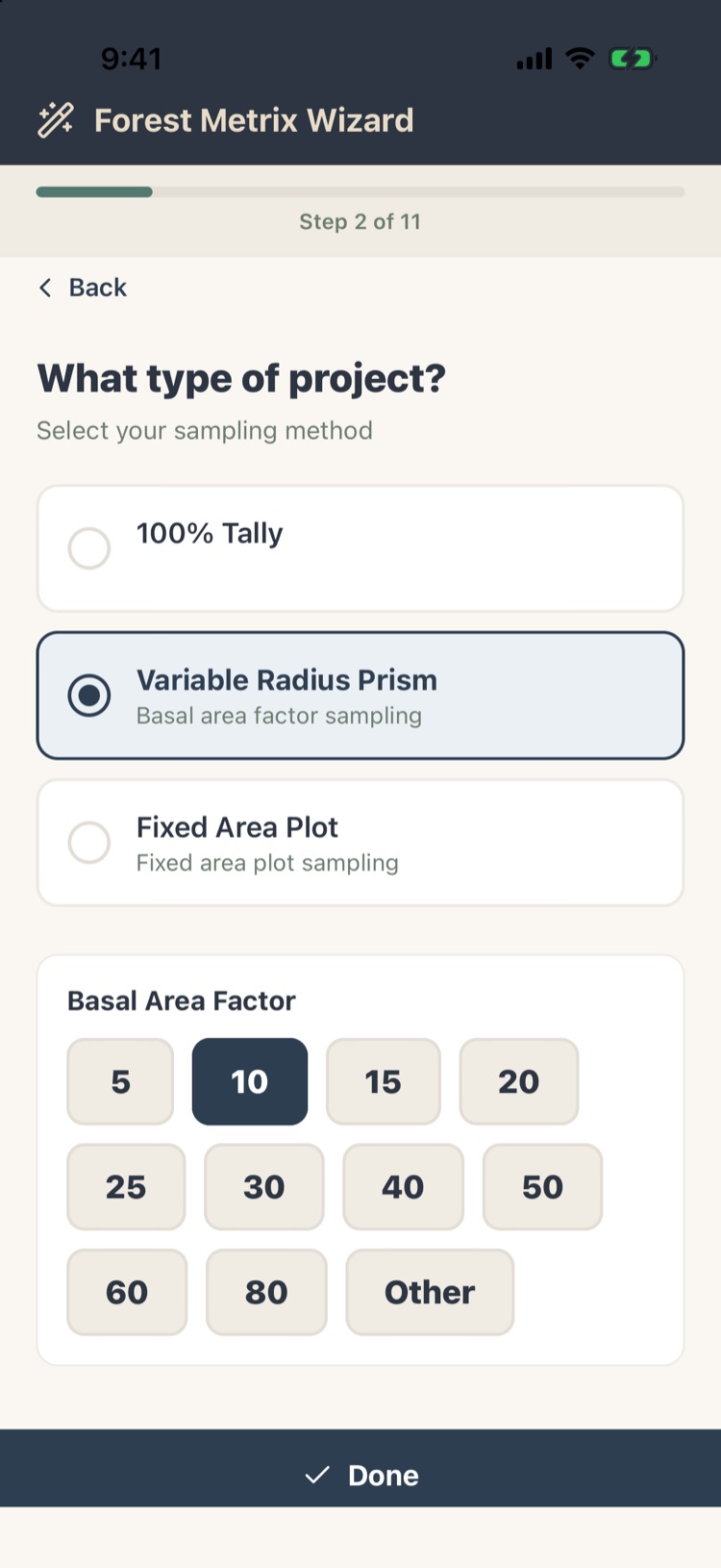 Sampling method choices with Variable Radius Prism selected and BAF chips