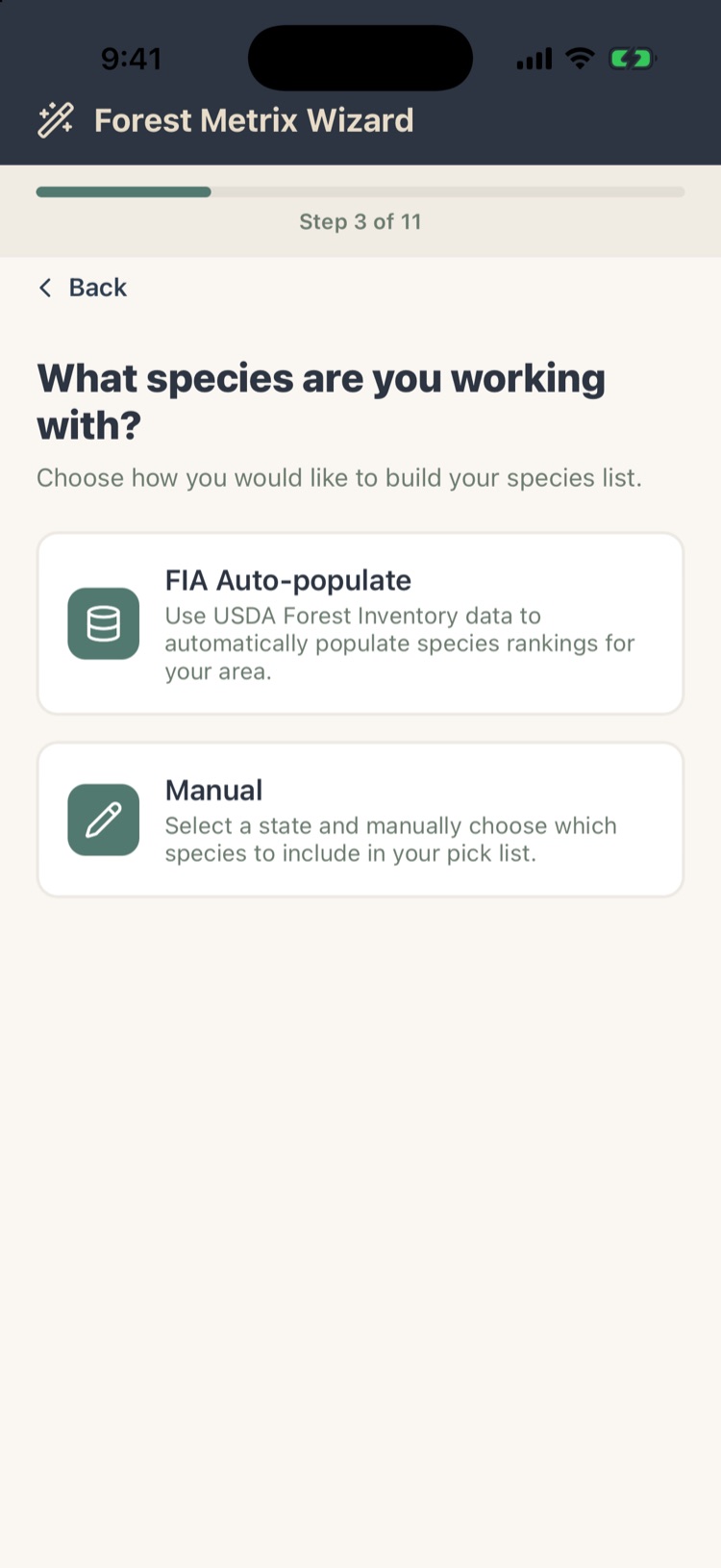 Species source choice: FIA Auto-populate or Manual