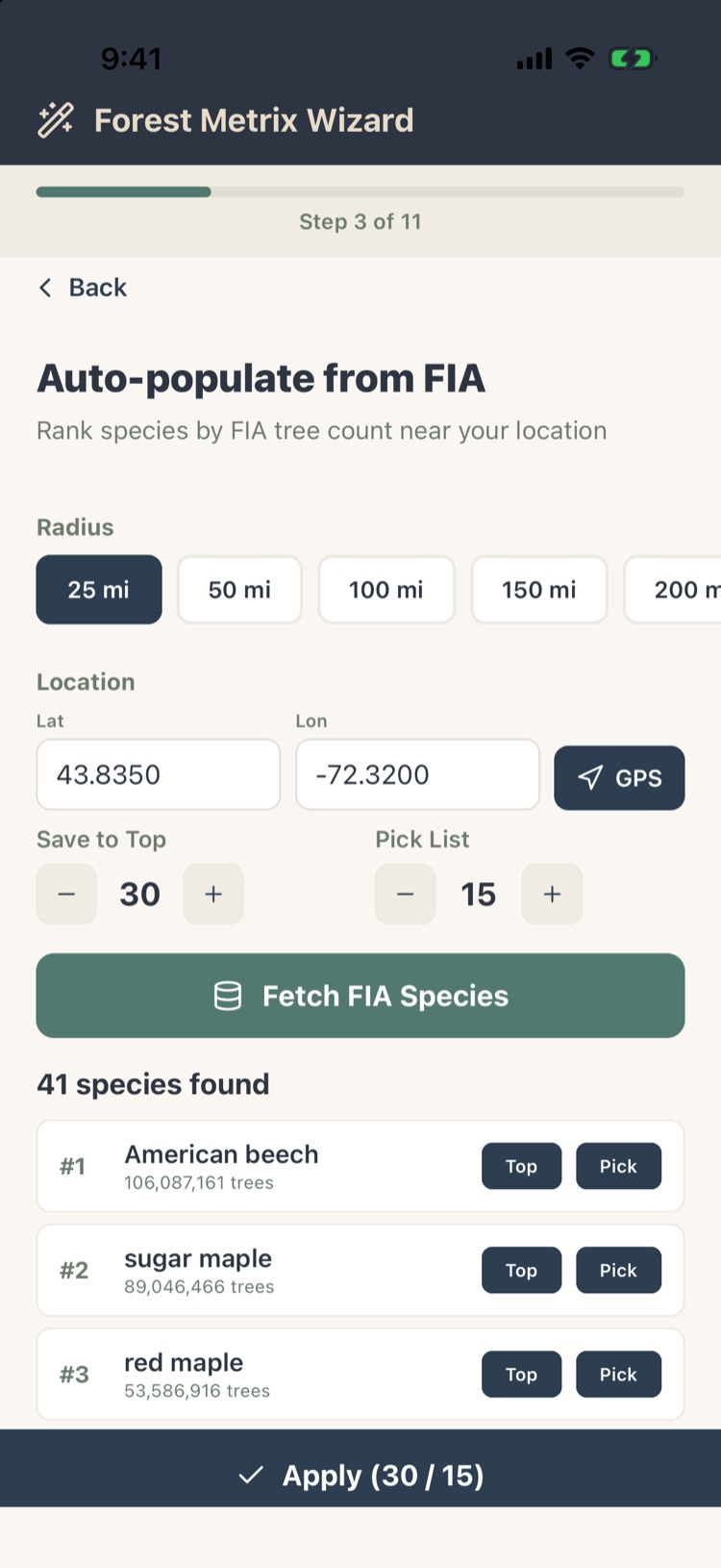 FIA results listing American beech, sugar maple and red maple