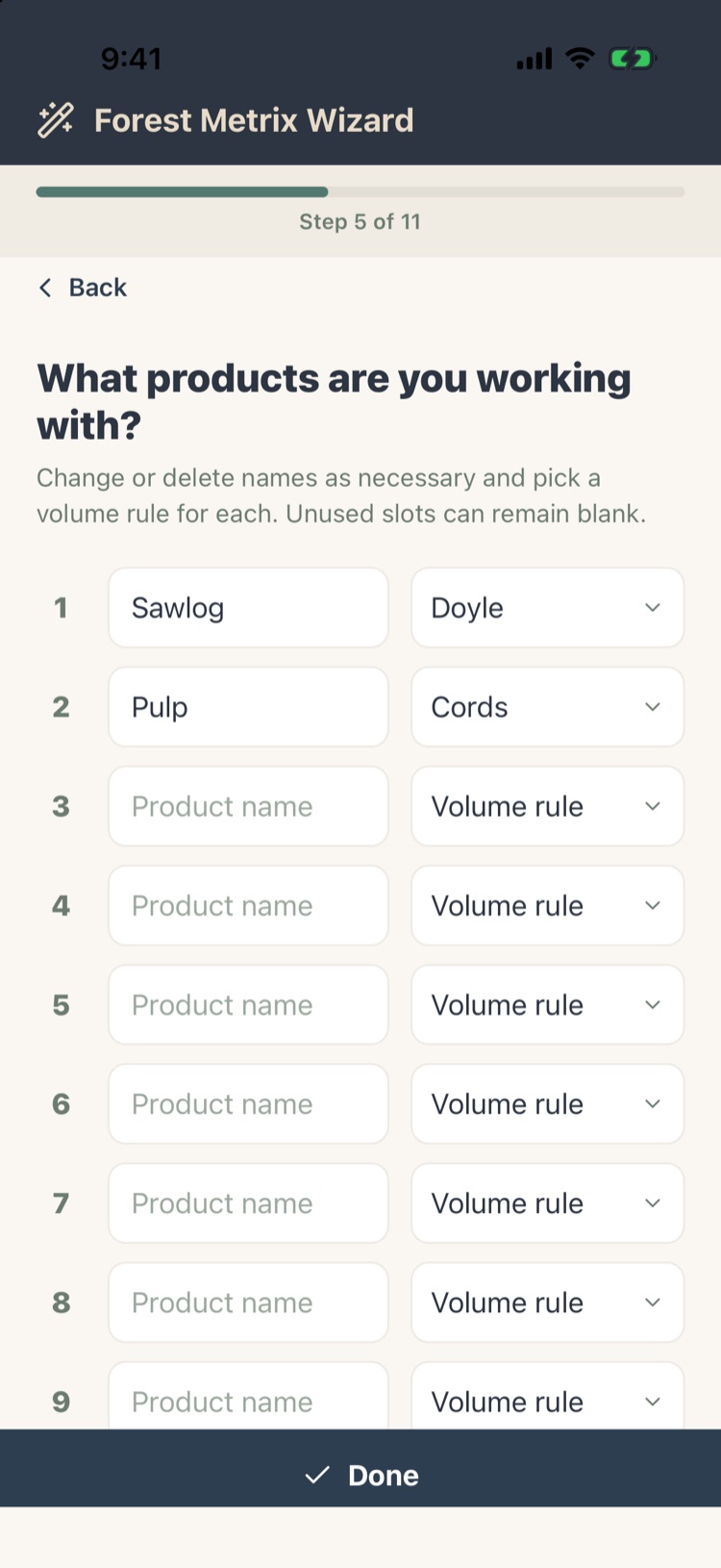 Product names Sawlog and Pulp with volume rules Doyle and Cords