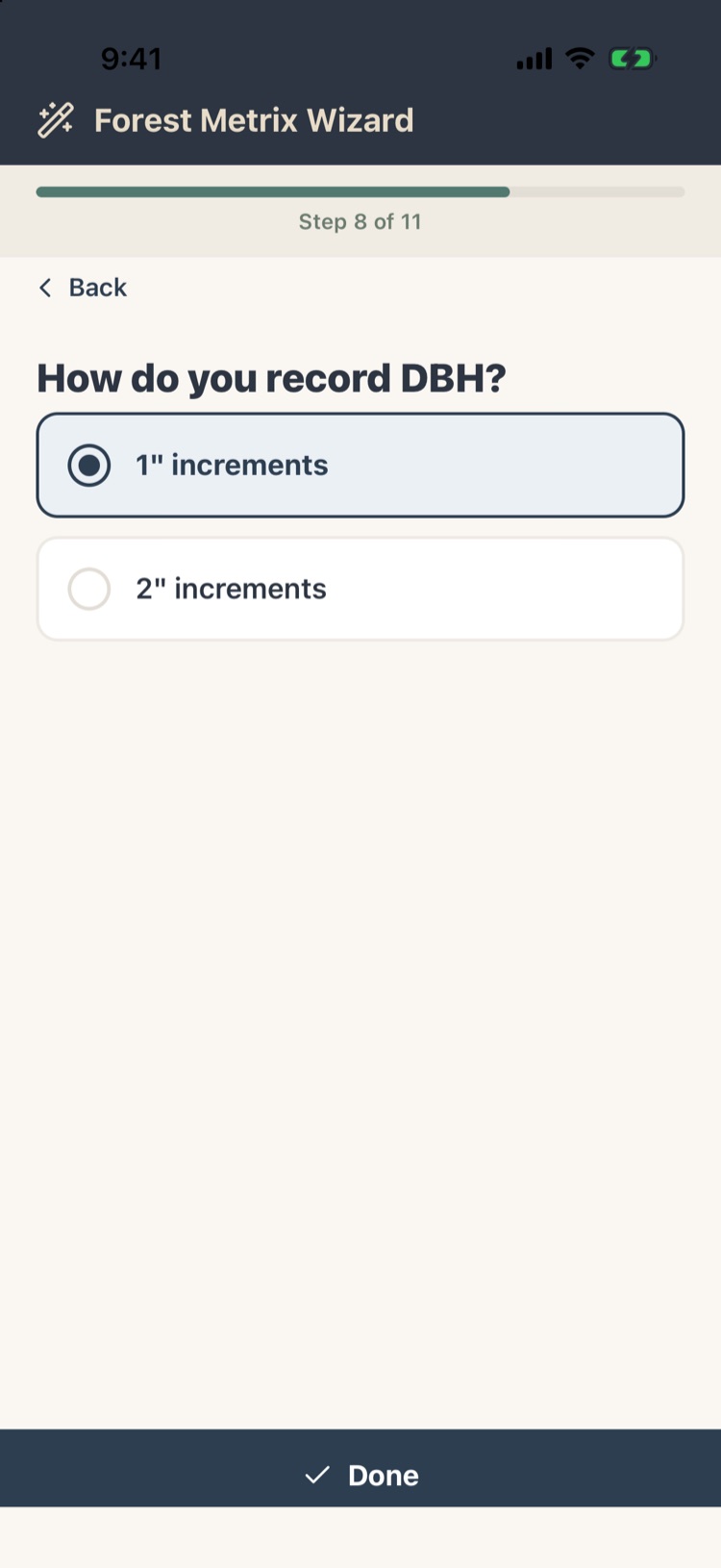 DBH increment choices