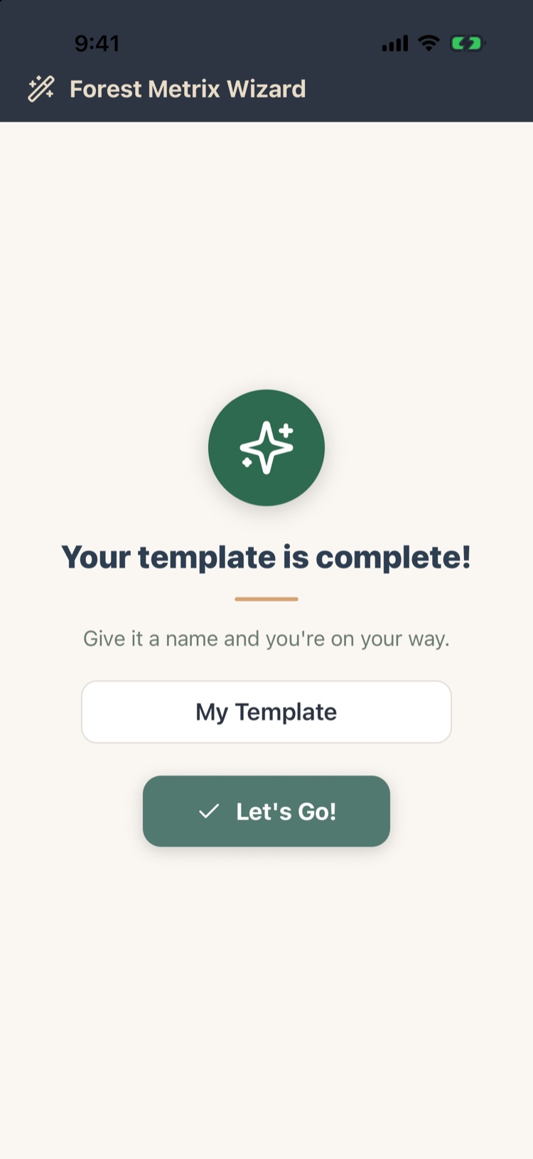 Template complete screen with a name field and Let's Go button