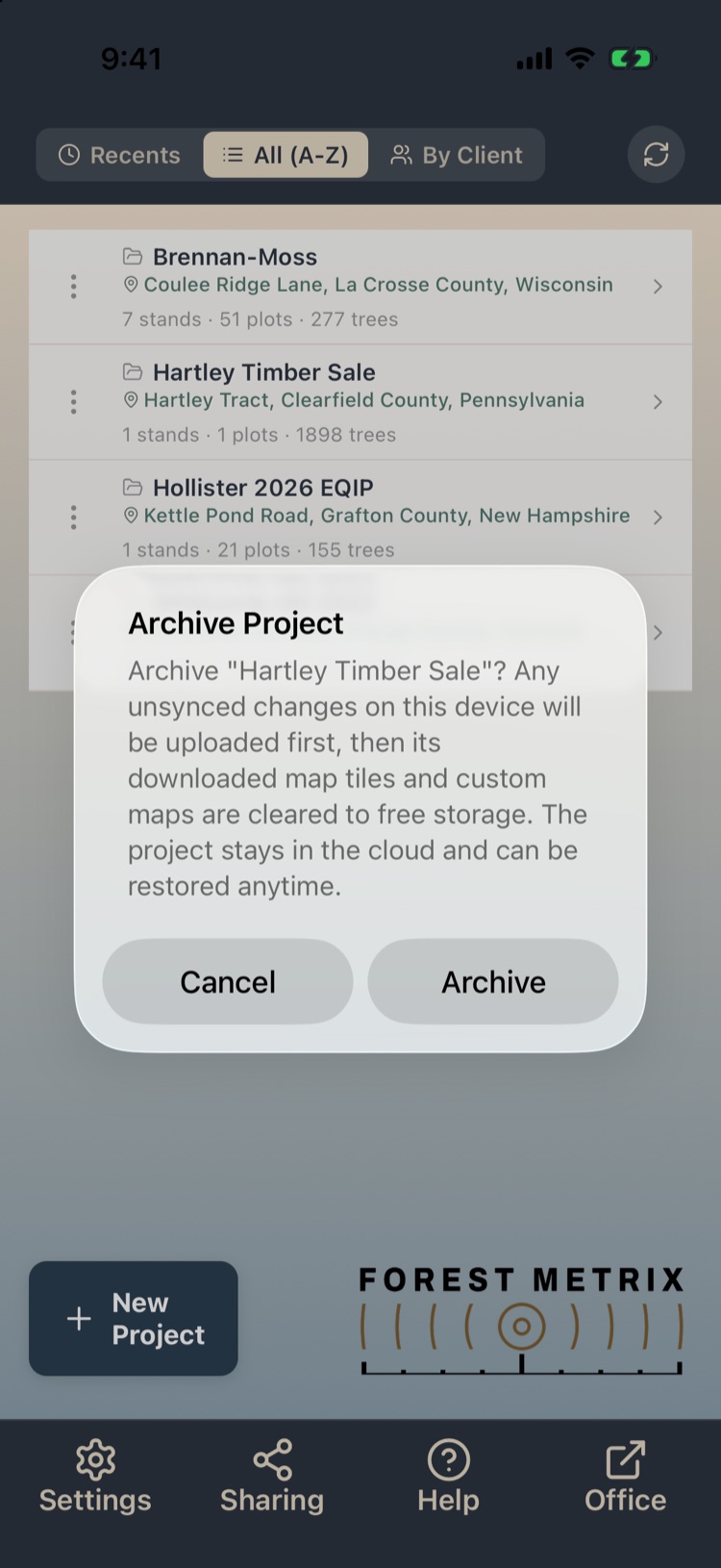 Archive Project confirmation explaining uploads and storage