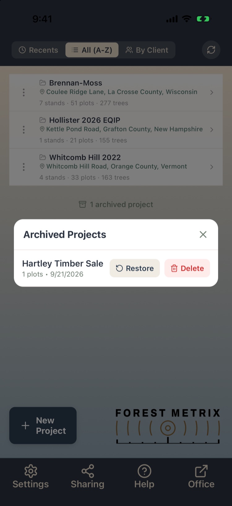 Archived Projects sheet with Restore and Delete buttons