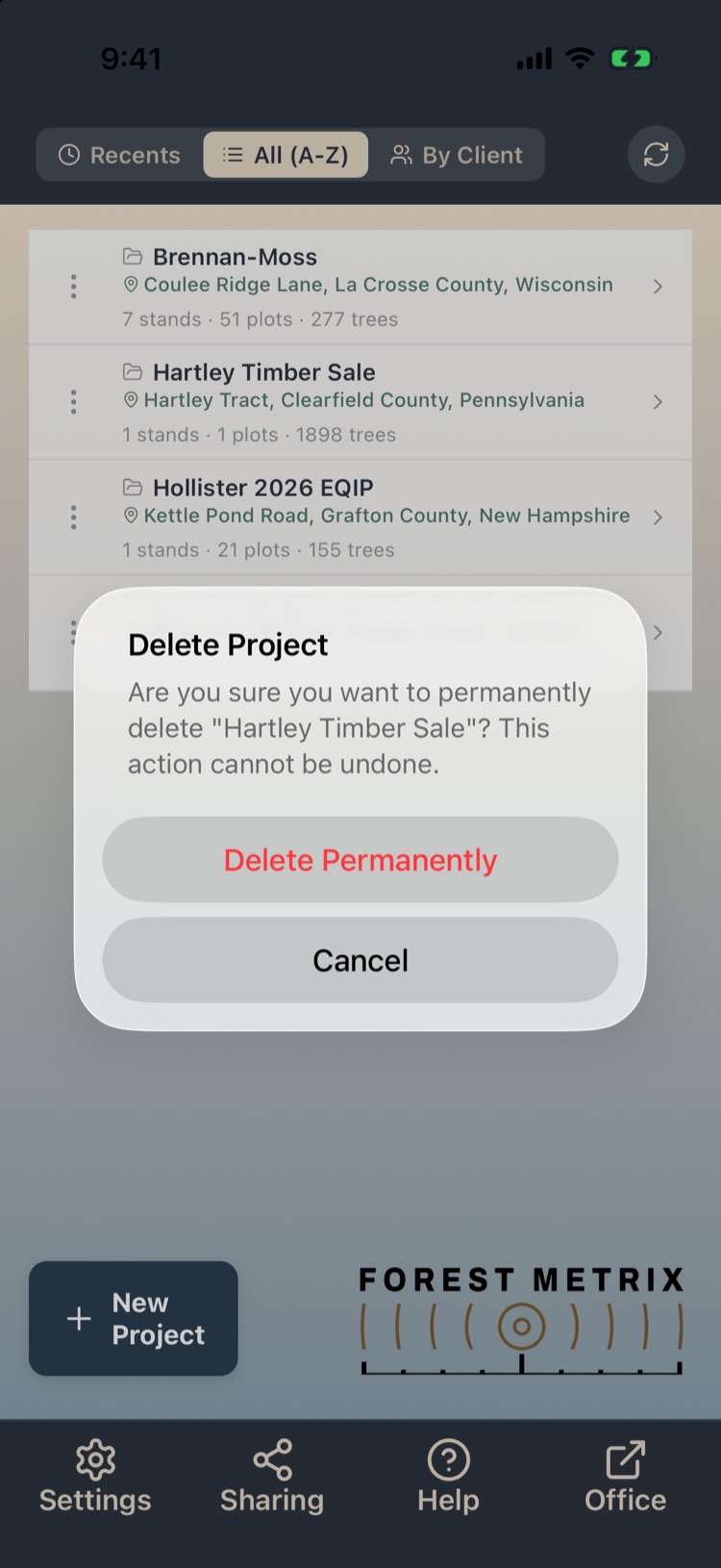 Delete Project confirmation warning that it cannot be undone