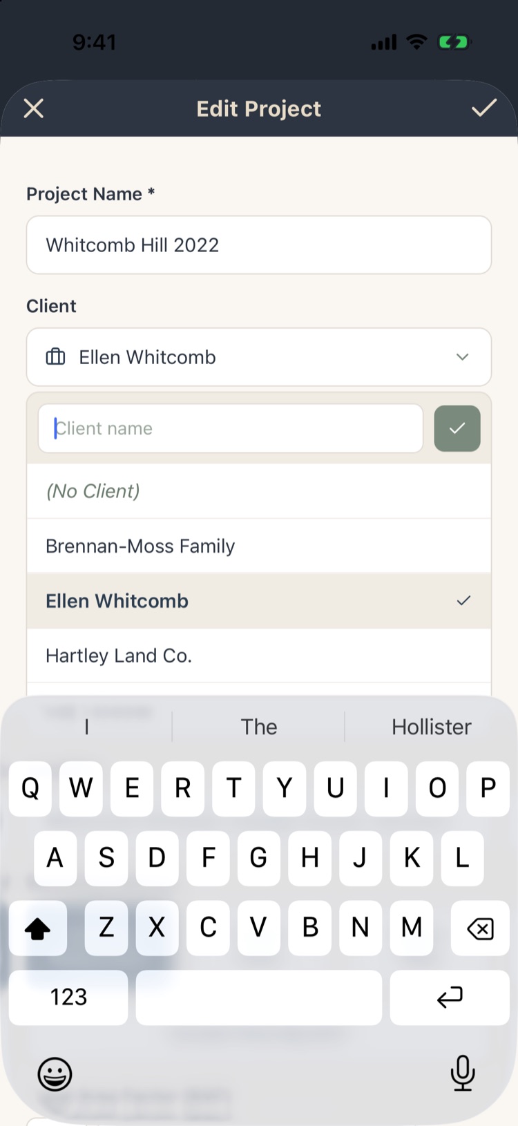 New client name field with a check button