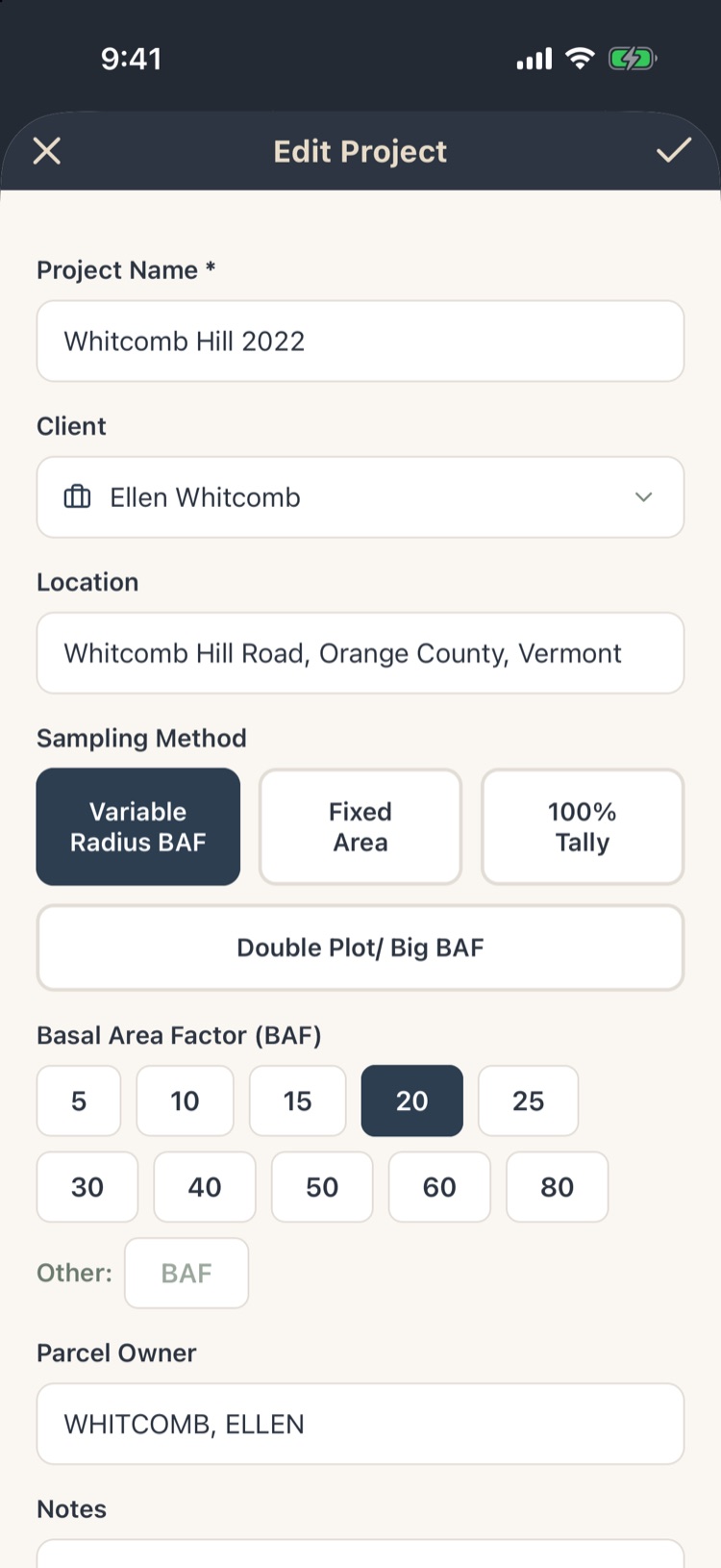 Edit Project form with name, client, location, sampling method, BAF and parcel owner