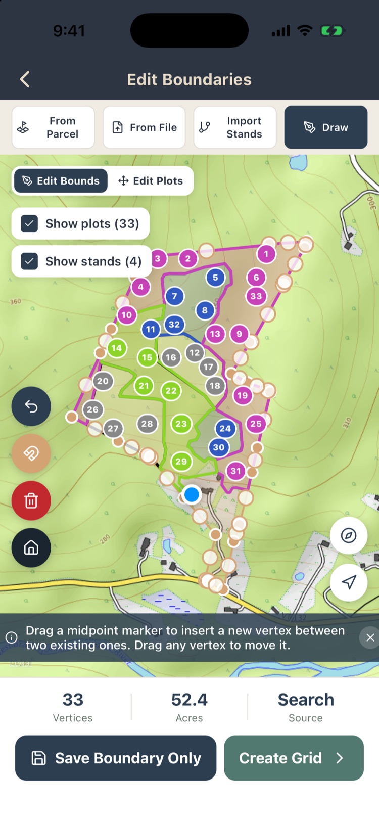 Edit Boundaries map with the parcel outline, numbered plots, four method buttons and the vertex and acreage totals