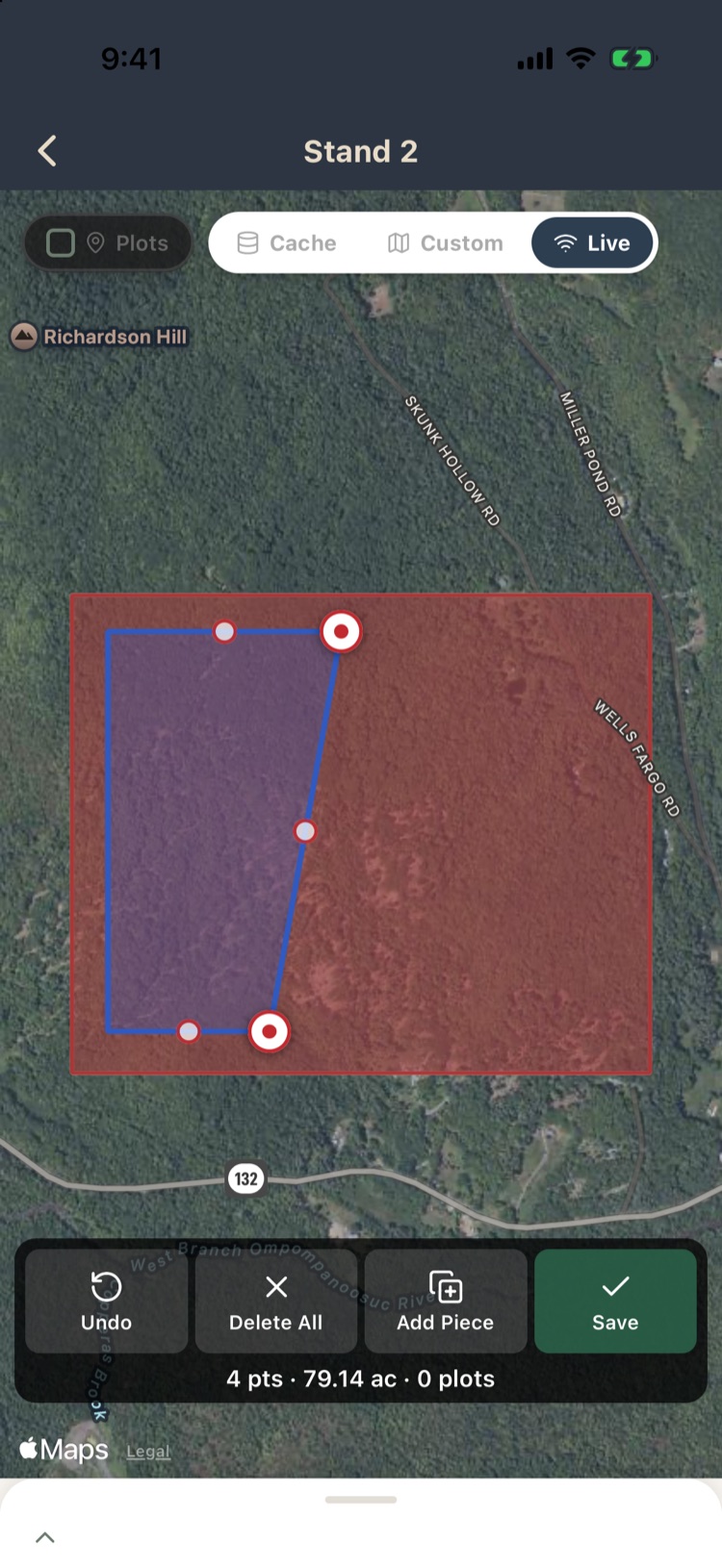 Stand 2 drawn in blue over the west part of Stand 1, shown in red: 4 points, 79.14 acres