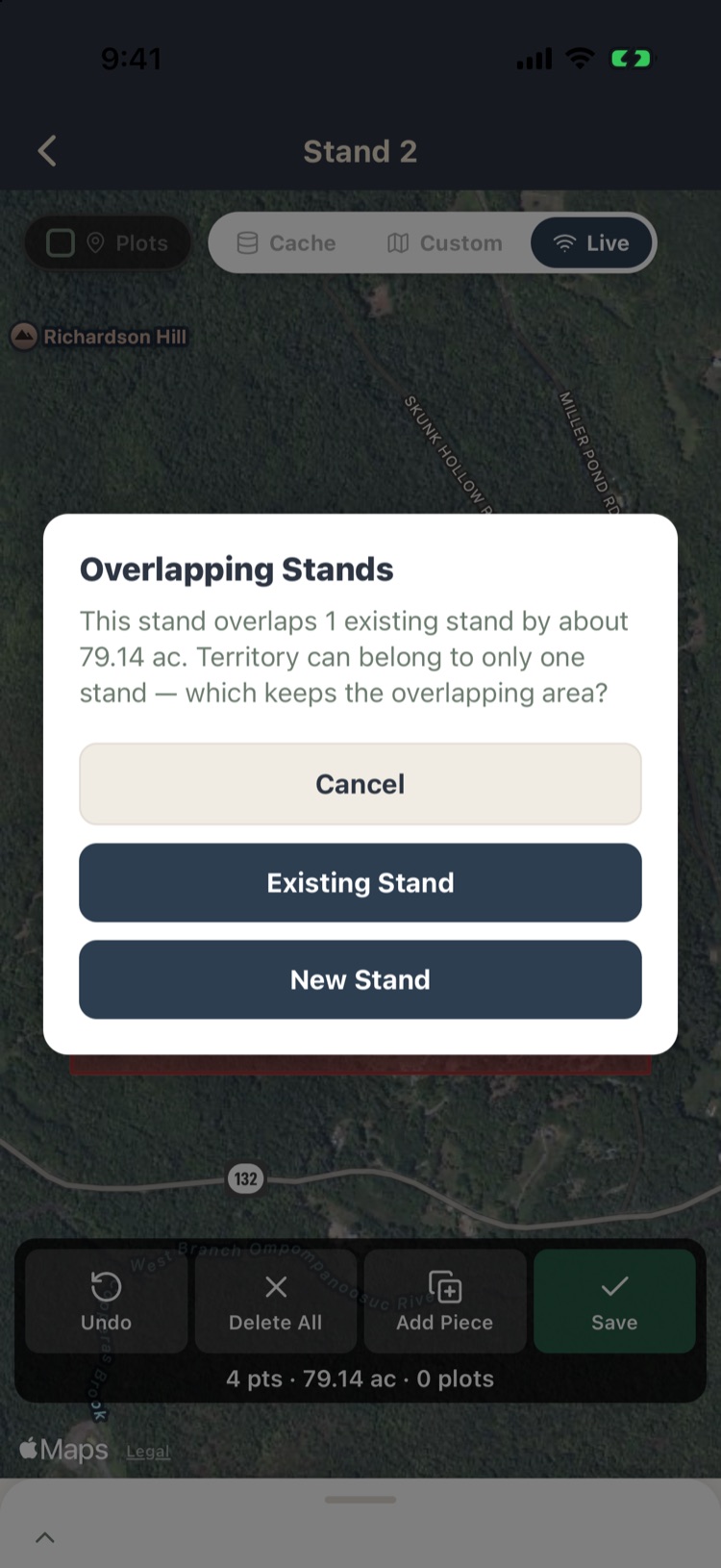 Overlapping Stands: this stand overlaps 1 existing stand by about 79.14 acres; which keeps the overlapping area? Cancel, Existing Stand, New Stand