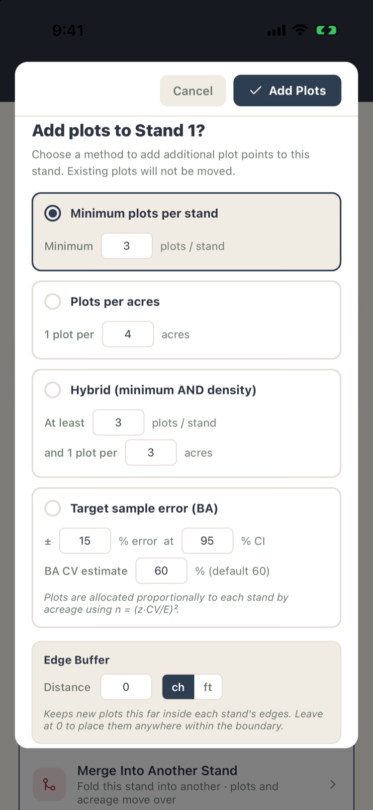 Add plots to Stand 1 with four methods and an edge buffer