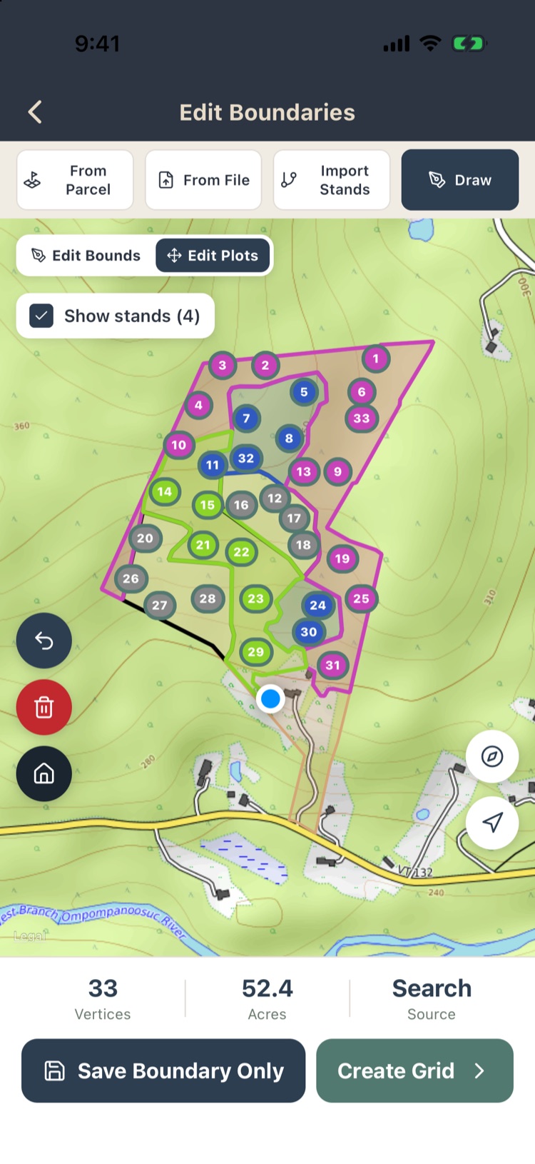 Edit Plots mode with numbered plots over the boundary and stand outlines