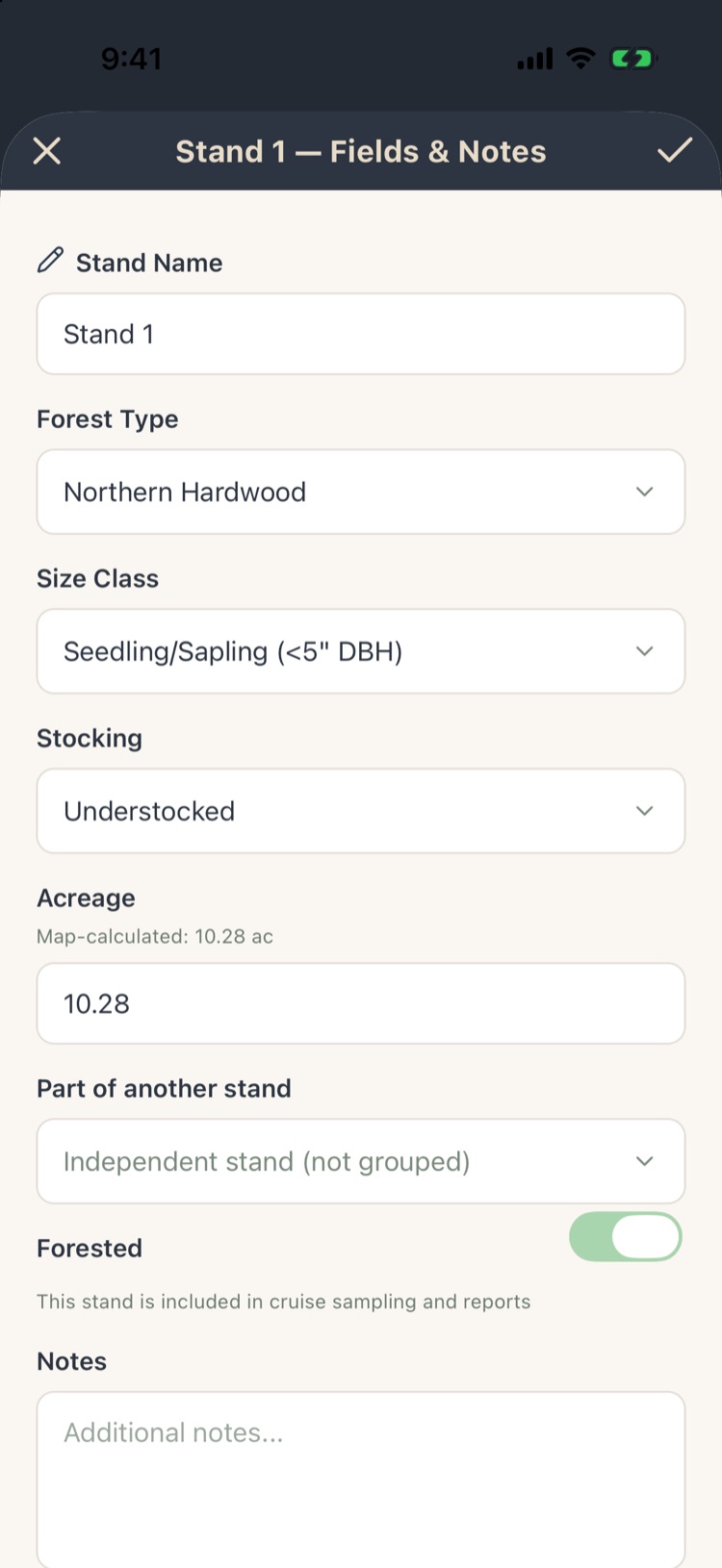 Stand 1 Fields and Notes: stand name, Forest Type Northern Hardwood, Size Class, Stocking, acreage 10.28, part of another stand, Forested switch and notes
