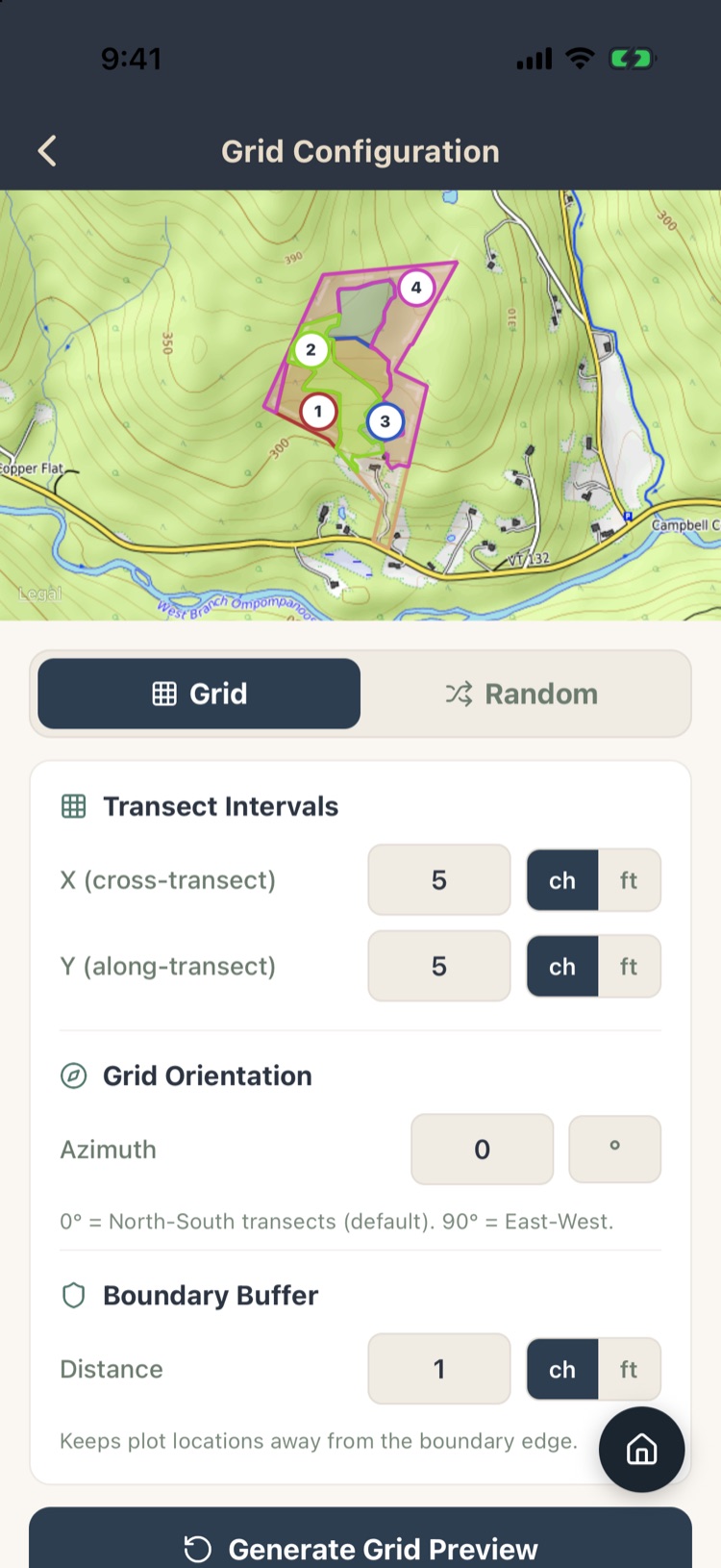 Grid Configuration with transect intervals of 5 by 5 chains, azimuth 0 and a 1 chain boundary buffer