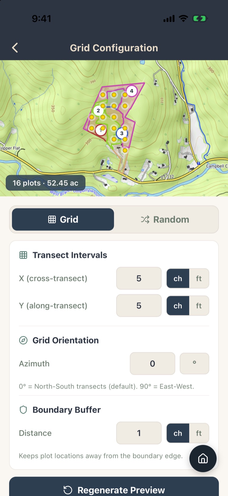 Grid preview showing 16 plots on 52.45 acres