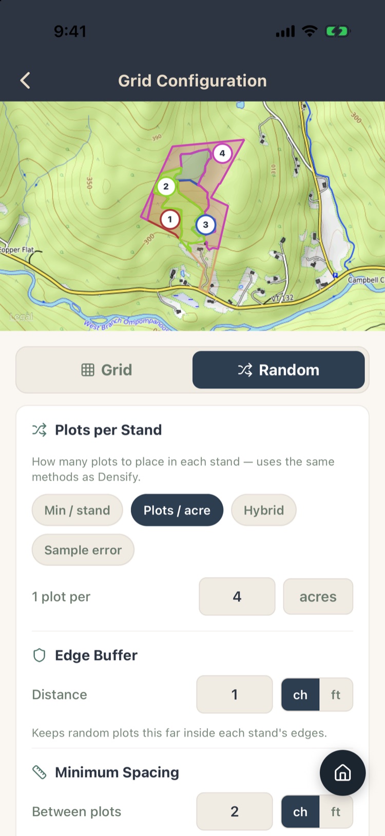 Random layout settings: plots per stand methods, edge buffer and minimum spacing