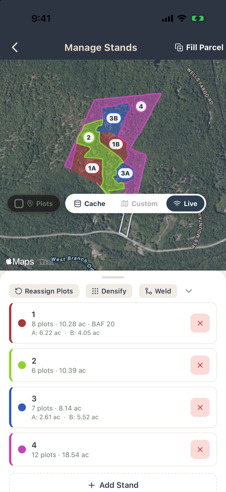 Manage Stands map with the four stands, Reassign Plots, Densify and Weld buttons and the stand list