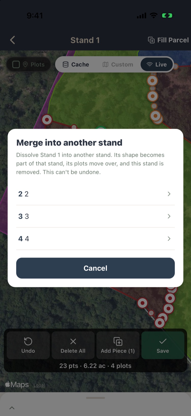 Merge into another stand dialog listing stands 2, 3 and 4