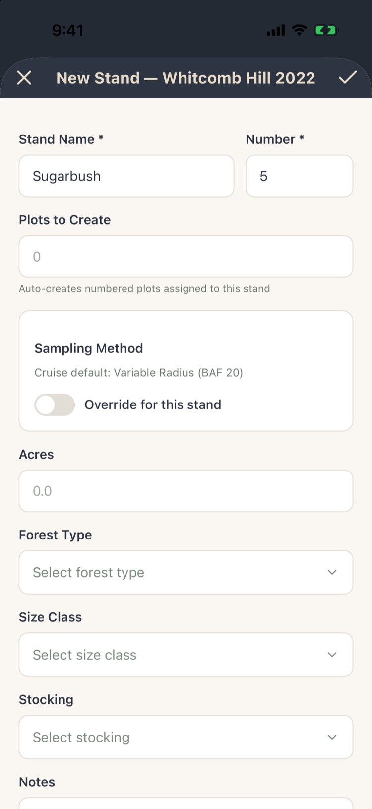 New Stand form: name Sugarbush, number 5, plots to create, sampling method with override switch, acres, and the stand fields Forest Type, Size Class and Stocking