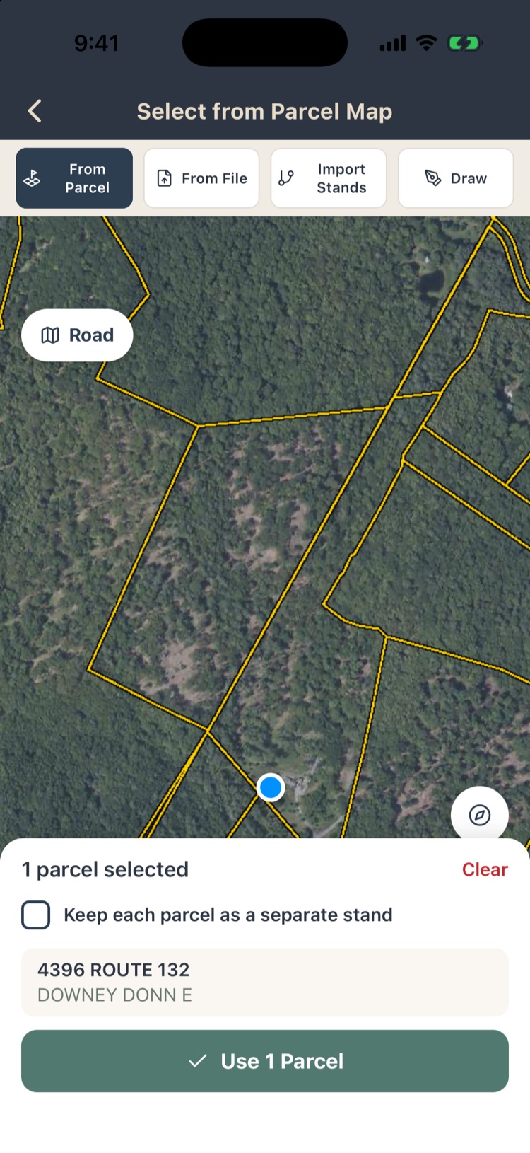 Select from Parcel Map with yellow parcel lines over aerial imagery, one parcel selected showing its address and owner of record, and Use 1 Parcel