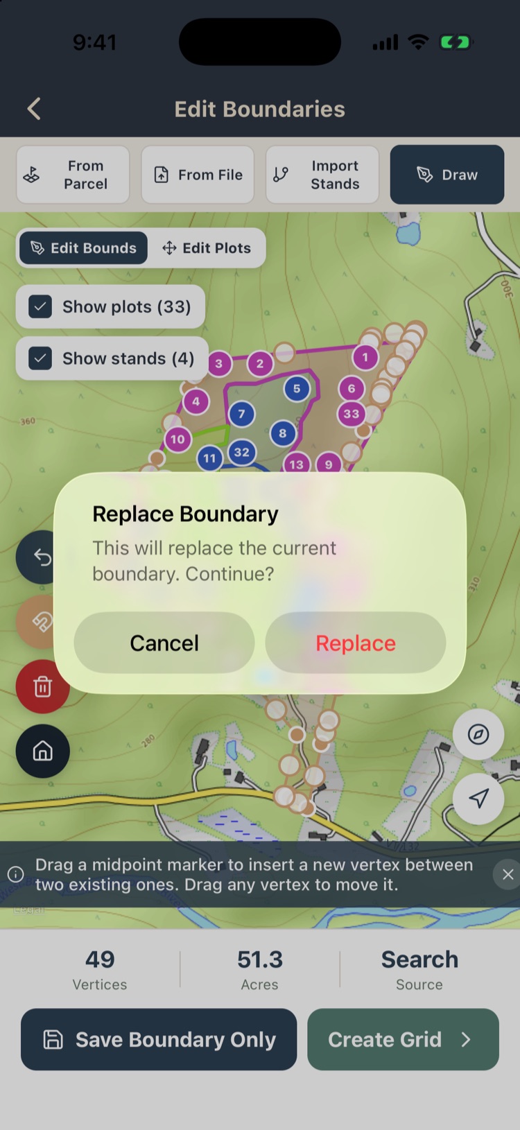 Replace Boundary dialog: This will replace the current boundary. Continue?