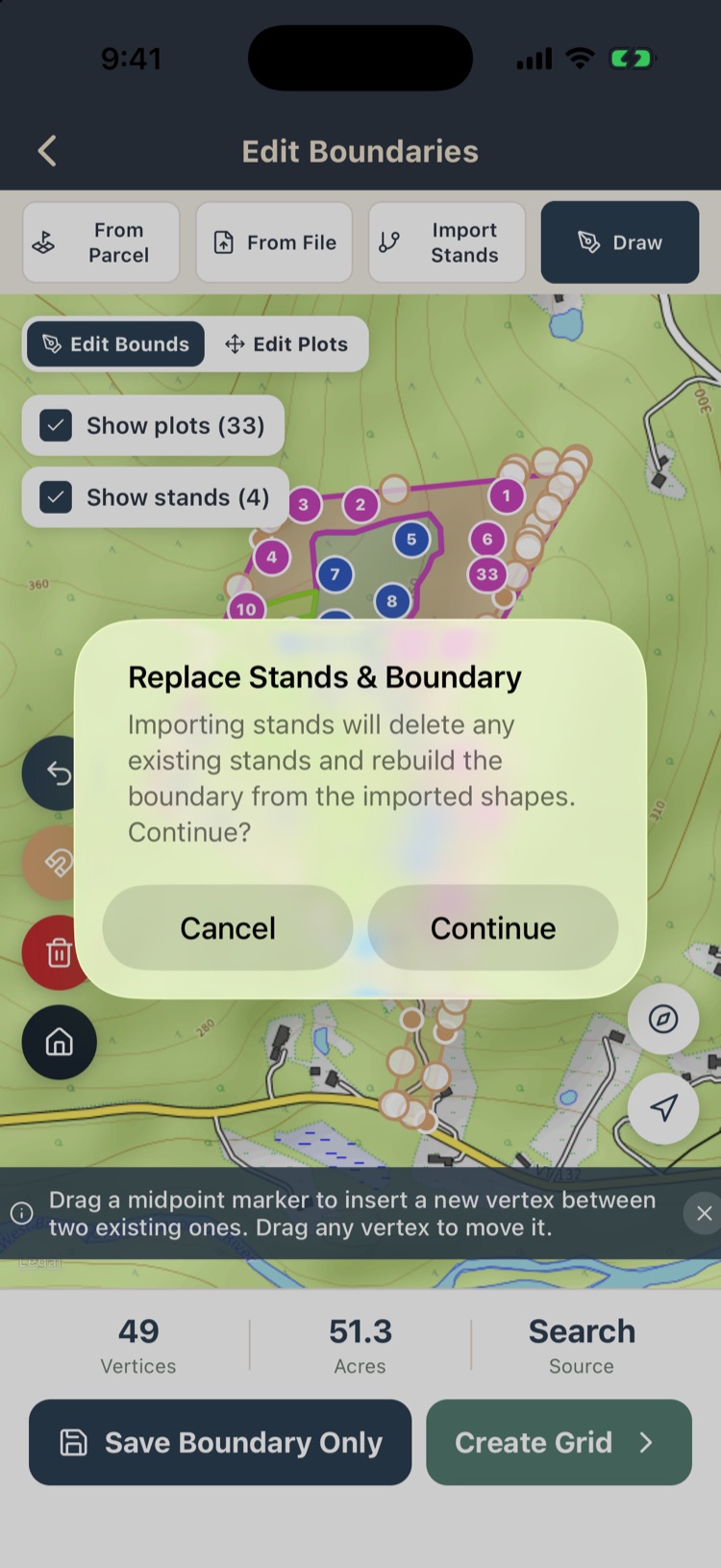 Replace Stands and Boundary dialog warning that importing deletes existing stands