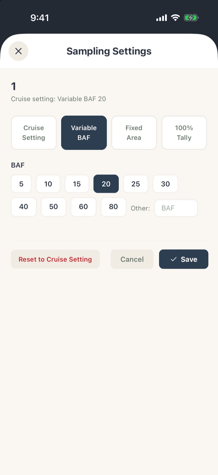 Sampling Settings for stand 1 with Variable BAF 20 selected