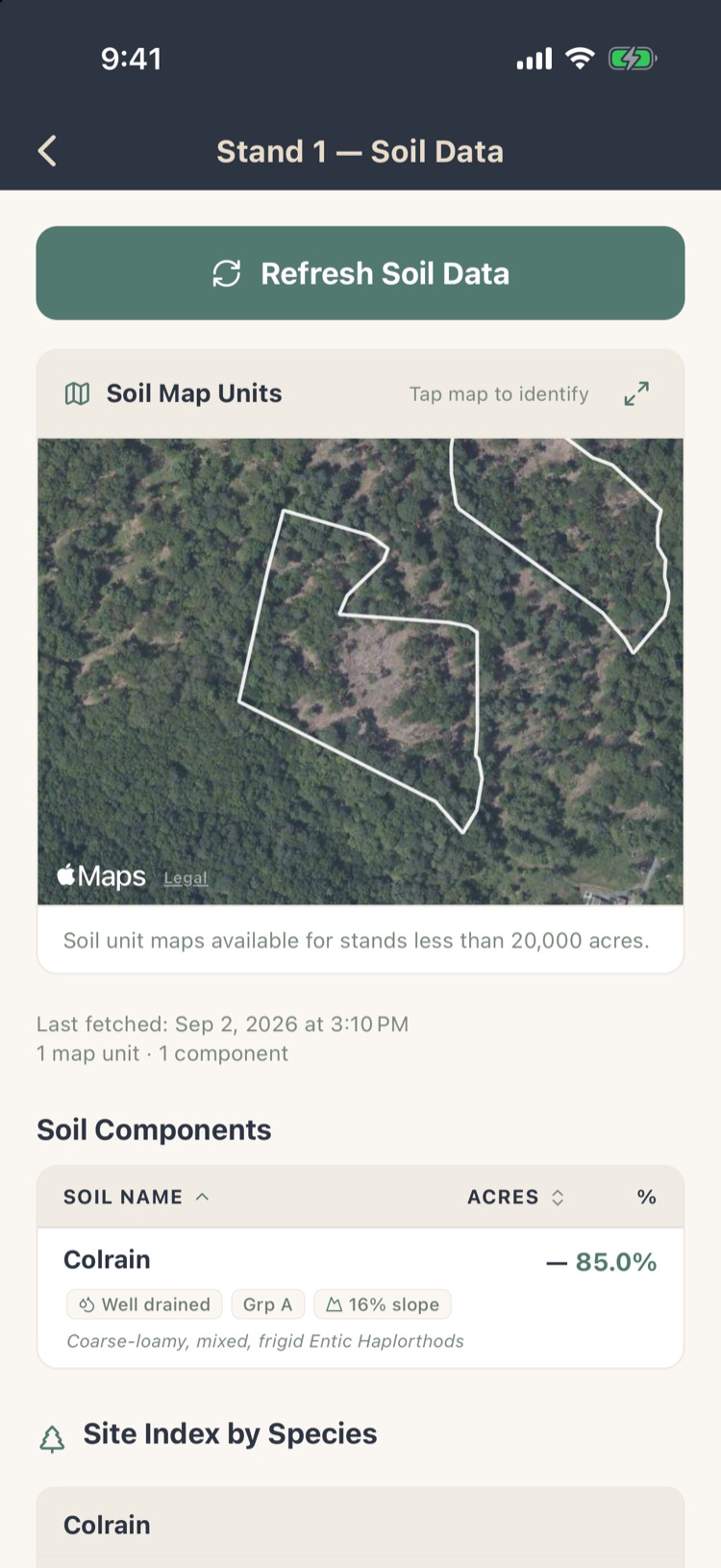 Stand 1 Soil Data with soil map units and Colrain soil component at 85 percent