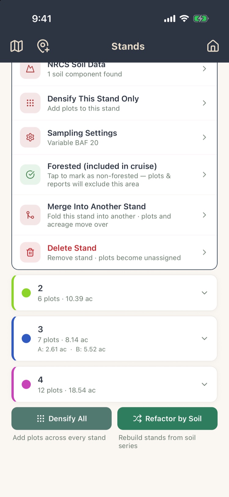Lower stand actions: Forested, Merge Into Another Stand and Delete Stand