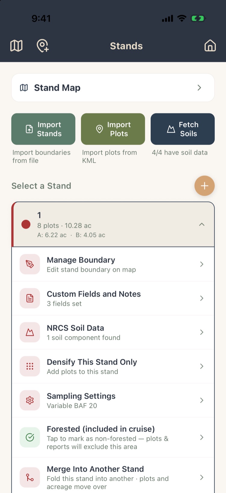 Stand 1 expanded showing Manage Boundary, Custom Fields and Notes, NRCS Soil Data, Densify, Sampling Settings, Forested and Merge