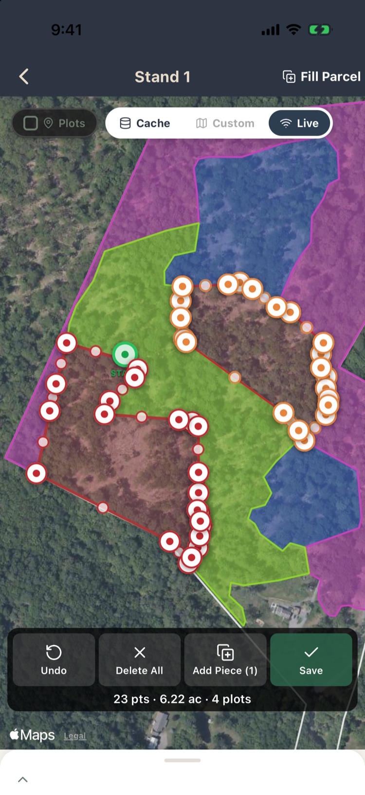 Stand 1 boundary editor with corner markers, Undo, Delete All, Add Piece and Save, showing 23 points, 6.22 acres, 4 plots