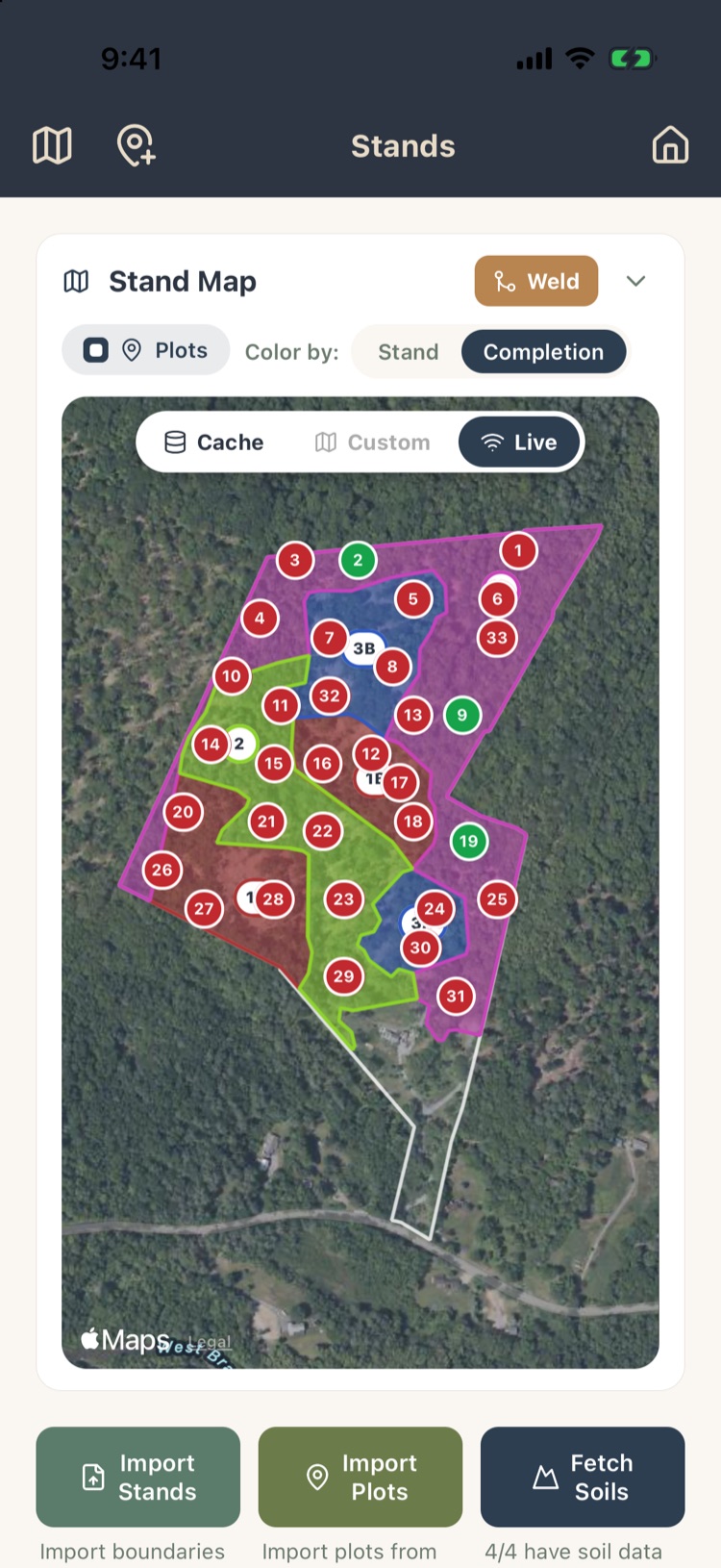 Stand map with plots colored by completion, mostly red with a few green