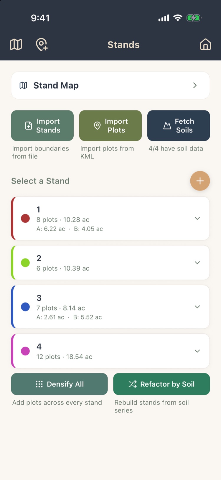 Stands screen with Import Stands, Import Plots and Fetch Soils buttons and four stands