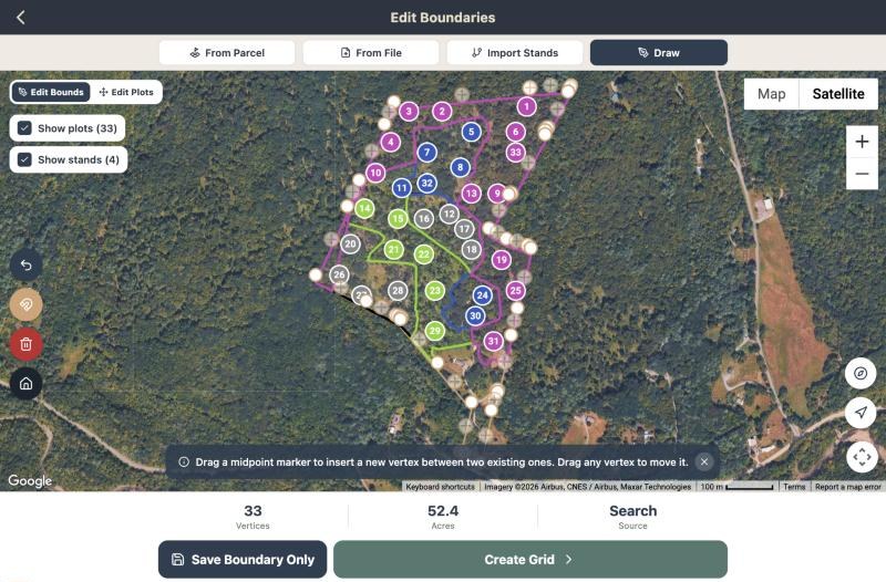 The boundary editor in a web browser: Whitcomb Hill's boundary, stand outlines and numbered plots over satellite imagery, with Save Boundary Only and Create Grid below