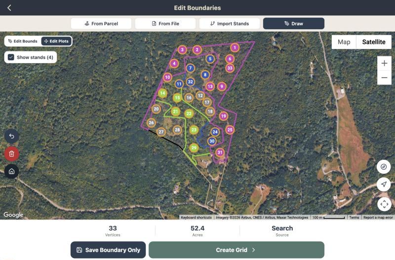 Edit Plots mode in a web browser with every plot of Whitcomb Hill over satellite imagery and the stand outlines