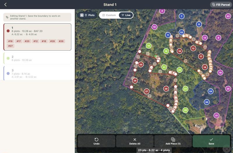 Stand 1 boundary editor in a web browser: the stand list on the left, stand 1's red outline and corners over satellite imagery, plots shown, and Undo, Delete All, Add Piece and Save along the bottom